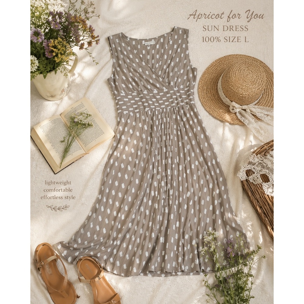 Apricot for You Dress L Taupe Polka Dot Midi Cottagecore Sundress Sleeveless